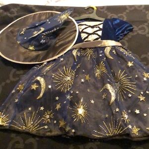 Halloween cute witch costume with unworn hat, navy gold and silver